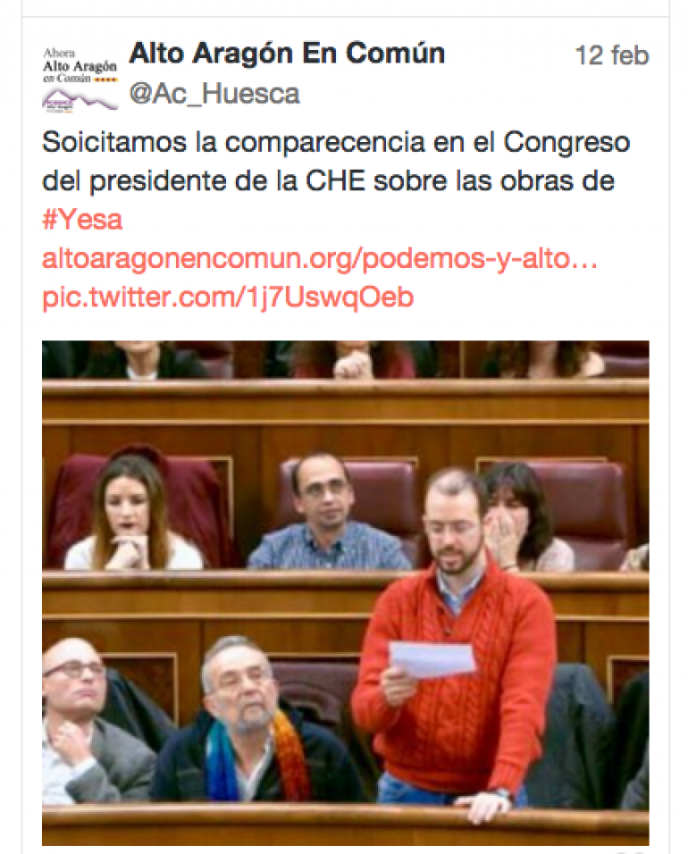 Podemos y Alto Aragón en Común solicitan la comparecencia en el Congreso del presidente de la CHE para esclarecer la situación del recrecimiento de Yesa