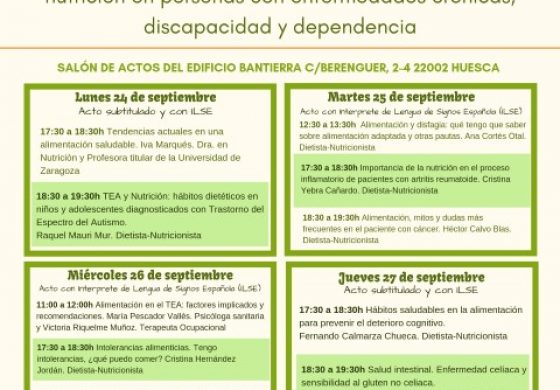 CADIS Huesca organiza las Jornadas de Alimentación y Salud: La importancia de la nutrición en personas con enfermedades crónicas, discapacidad y dependencia