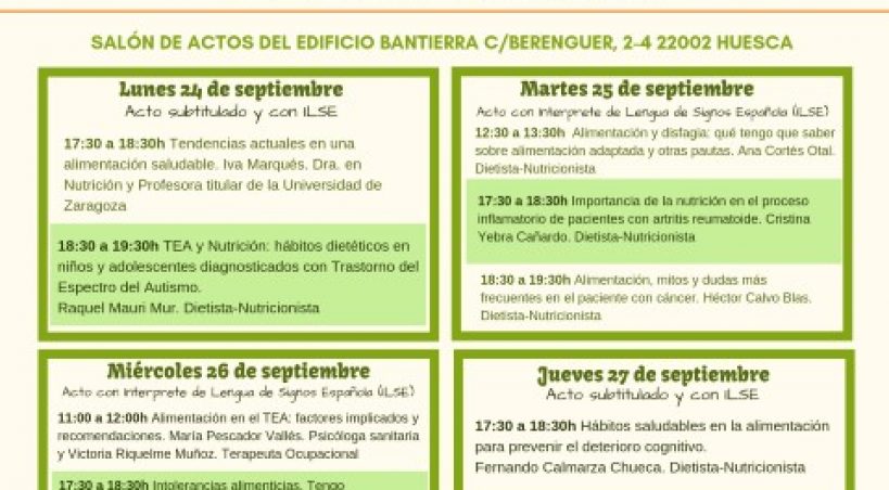 CADIS Huesca organiza las Jornadas de Alimentación y Salud: La importancia de la nutrición en personas con enfermedades crónicas, discapacidad y dependencia