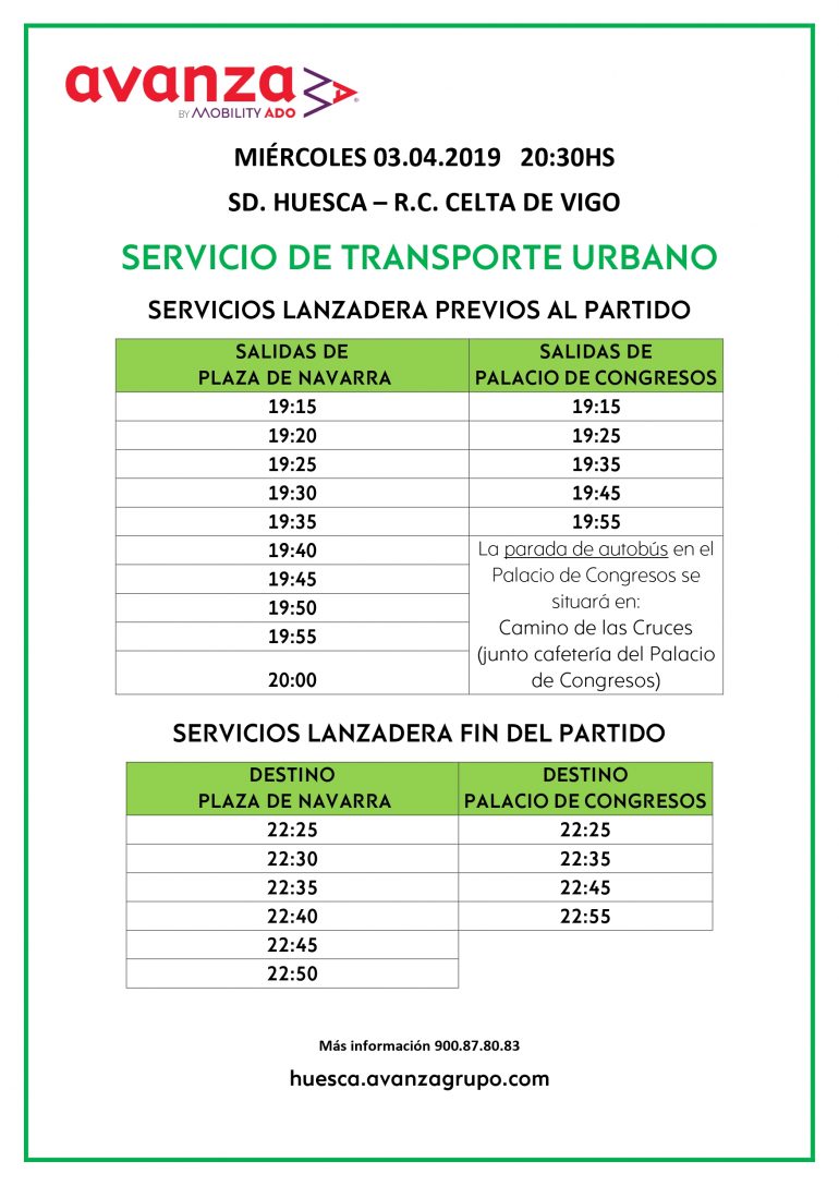 Servicio especial de autobuses con motivo del partido entre la SD Huesca y el R.C. Celta de Vigo