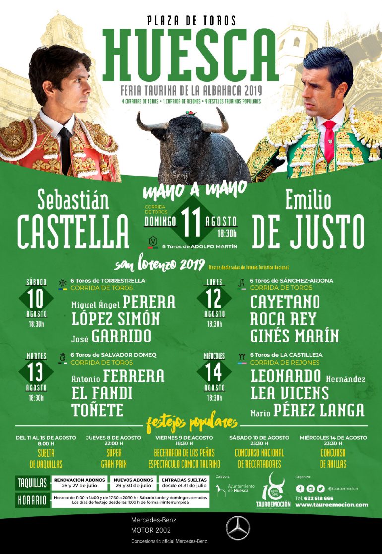 Castella, De Justo y Adolfo Martín, protagonistas de la cartelería de la feria taurina de Huesca
