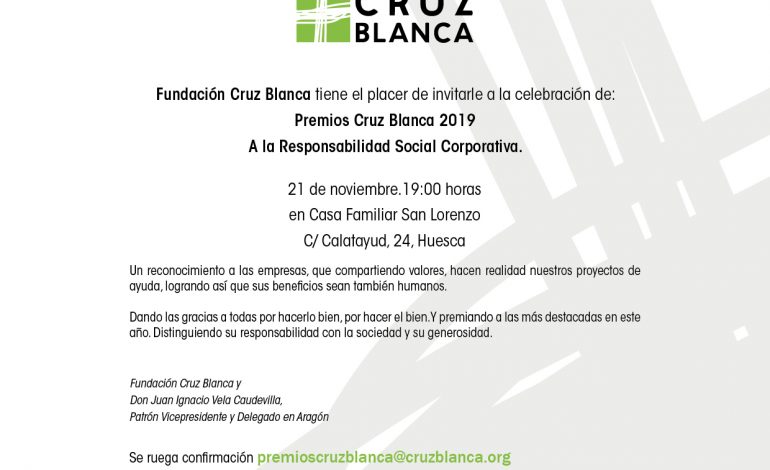 Premios Cruz Blanca 'A la Responsabilidad Social Corporativa', el 21 de noviembre a las 19 horas en la Casa Familiar San Lorenzo de Huesca