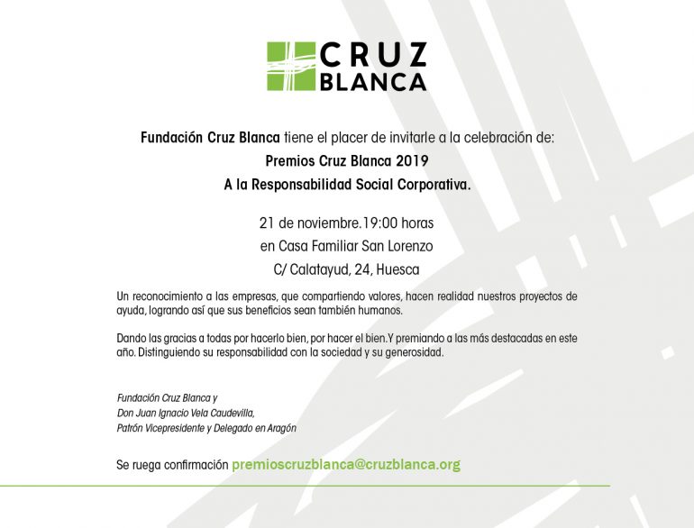 Premios Cruz Blanca ‘A la Responsabilidad Social Corporativa’, el 21 de noviembre a las 19 horas en la Casa Familiar San Lorenzo de Huesca
