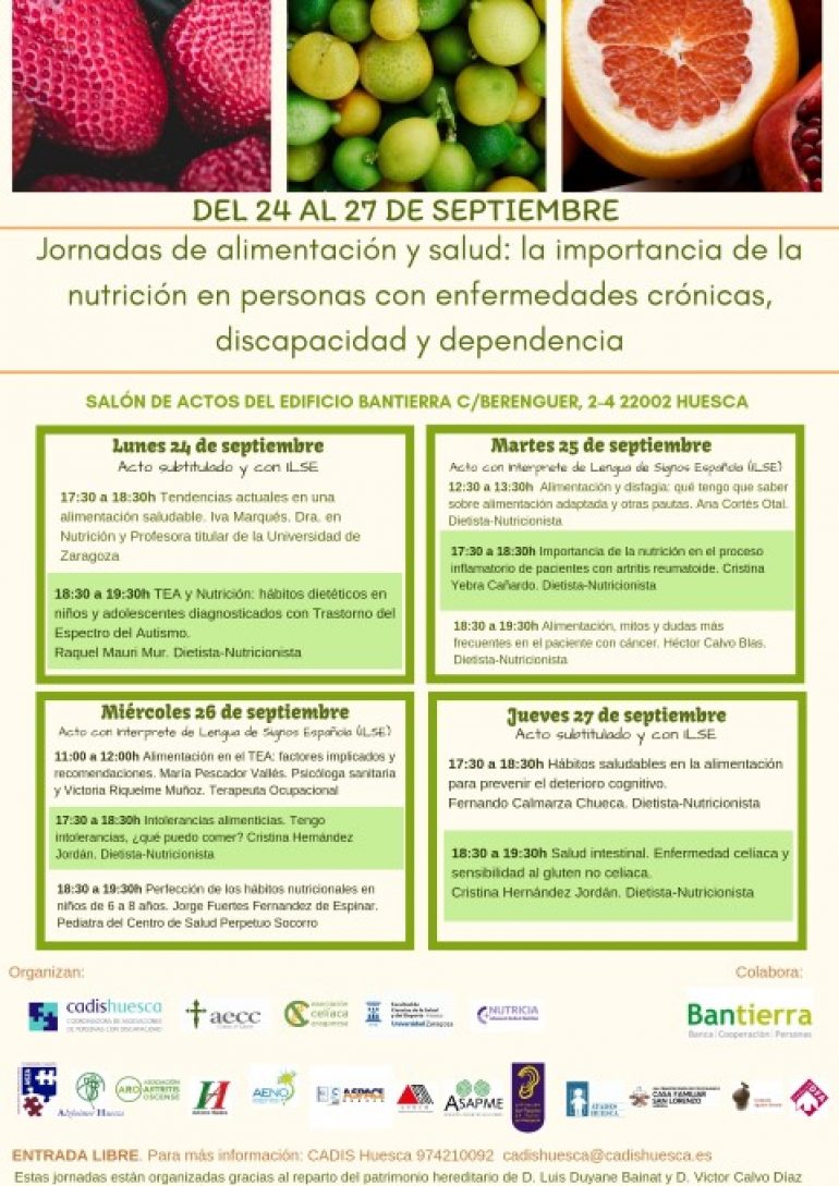 CADIS Huesca organiza las Jornadas de Alimentación y Salud: La importancia de la nutrición en personas con enfermedades crónicas, discapacidad y dependencia