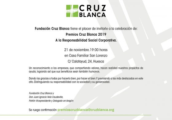 Premios Cruz Blanca 'A la Responsabilidad Social Corporativa', el 21 de noviembre a las 19 horas en la Casa Familiar San Lorenzo de Huesca